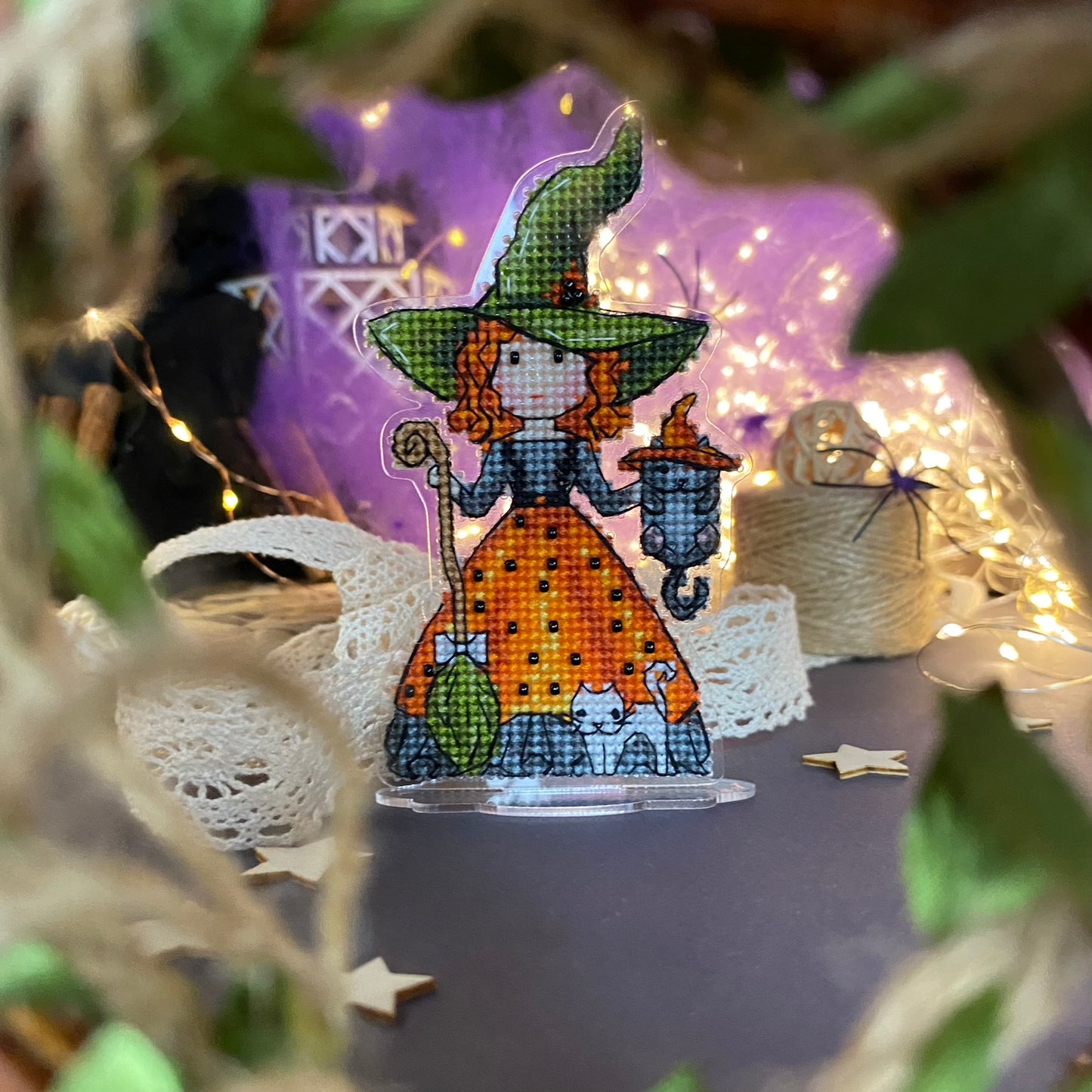Witch with Cats Bead & Cross Stitch Kit